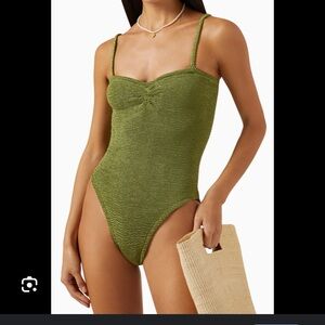 hunza g green crinkle one piece swimsuit with sweetheart neckline